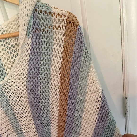 Miss Me Open Weave Hooded Stripe Fringe Poncho Sweater V-Neck Women's size M/L - Picture 5 of 6